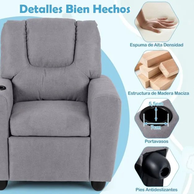 Poltrona reclinável para crianças em veludo, com porta-copos e apoio para os pés ajustável, para sala de estar ou área de jogos, a partir dos 3 anos,