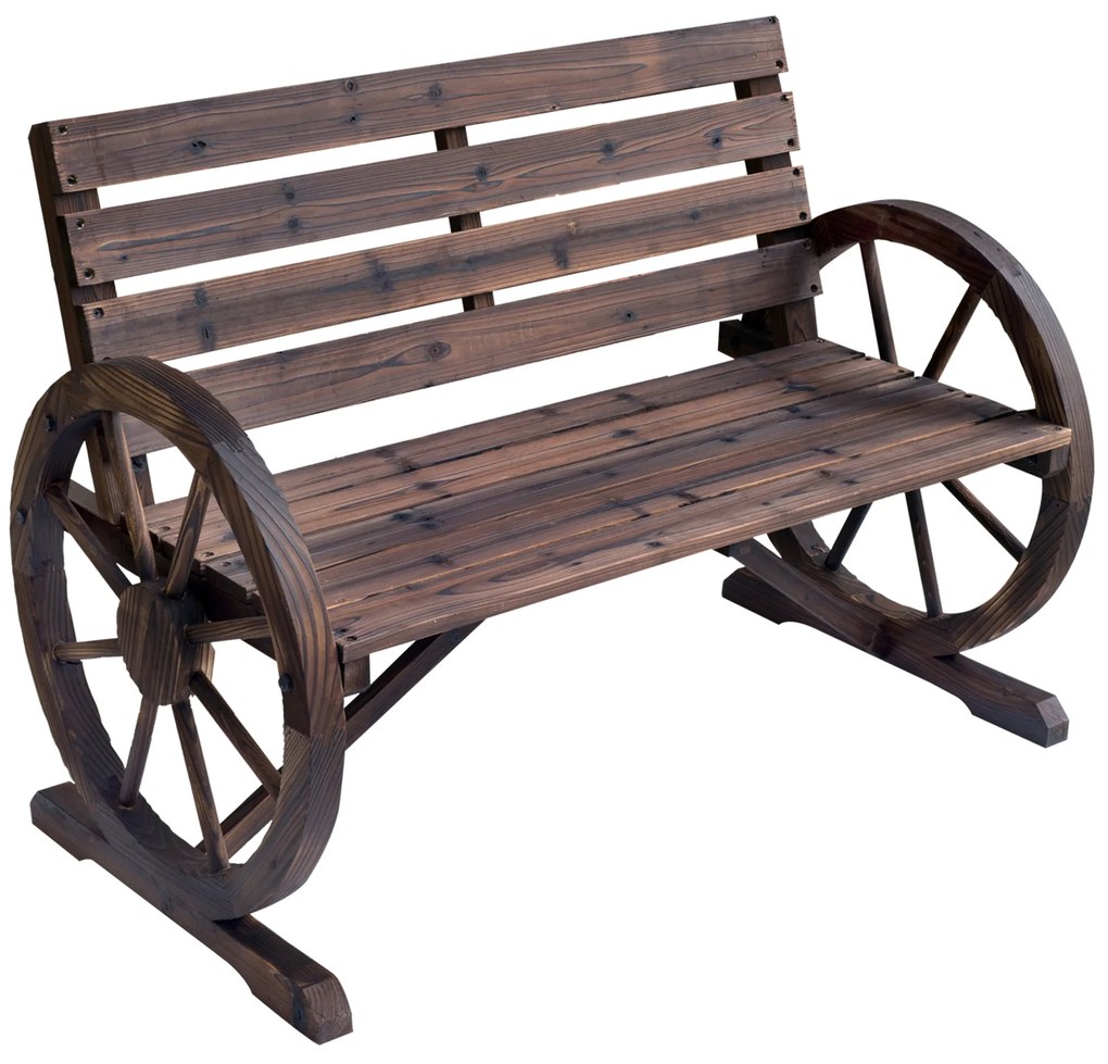 Outsunny Banco de madeira ao ar livre com apoio de braços em forma de roda Vista envelhecida para varanda Terraço 105,5x56x75 cm Marrom rústico