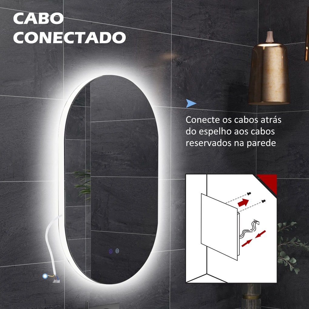 kleankin Espelho Casa de Banho com Luzes LED 81x51 cm Espelho de Parede com 3 Cores Ajustáveis Função Antiembaciamento Interruptor Tátil Horizontal ou Vertical Prata