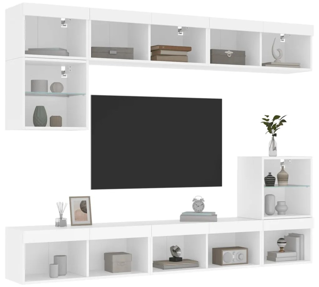 vidaXL 8pcs móveis de parede p/ TV c/ LEDs derivados de madeira branco
