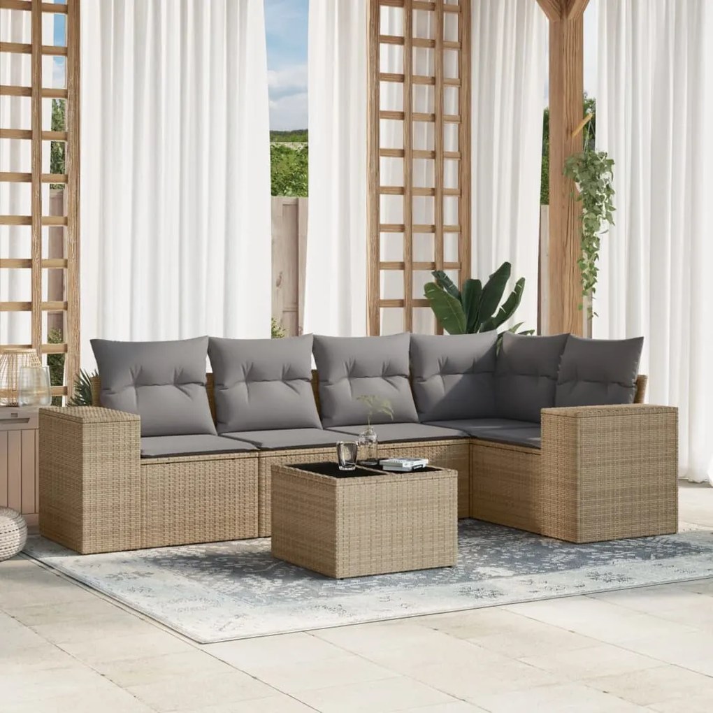 6 pcs conjunto de sofás p/ jardim com almofadões vime PE bege