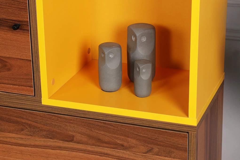 Estante Bengu – Nogueira, Antracite, Amarelo – 110x140x30 cm