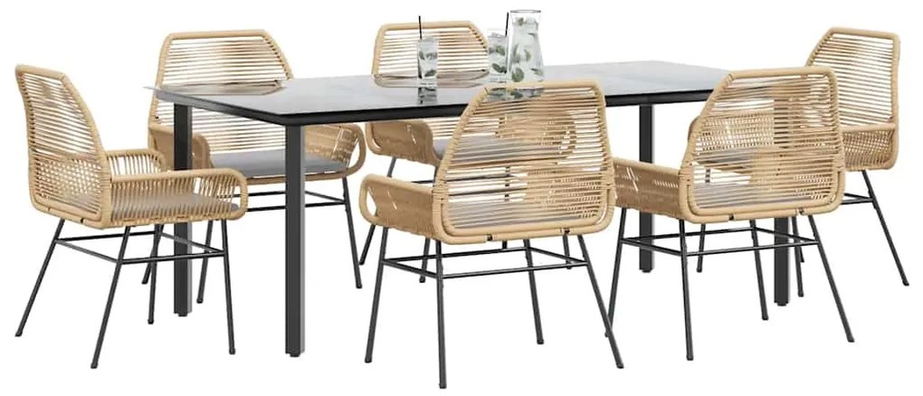 Conjunto jantar jardim 7 peças almofadas vidro vime PE castanho