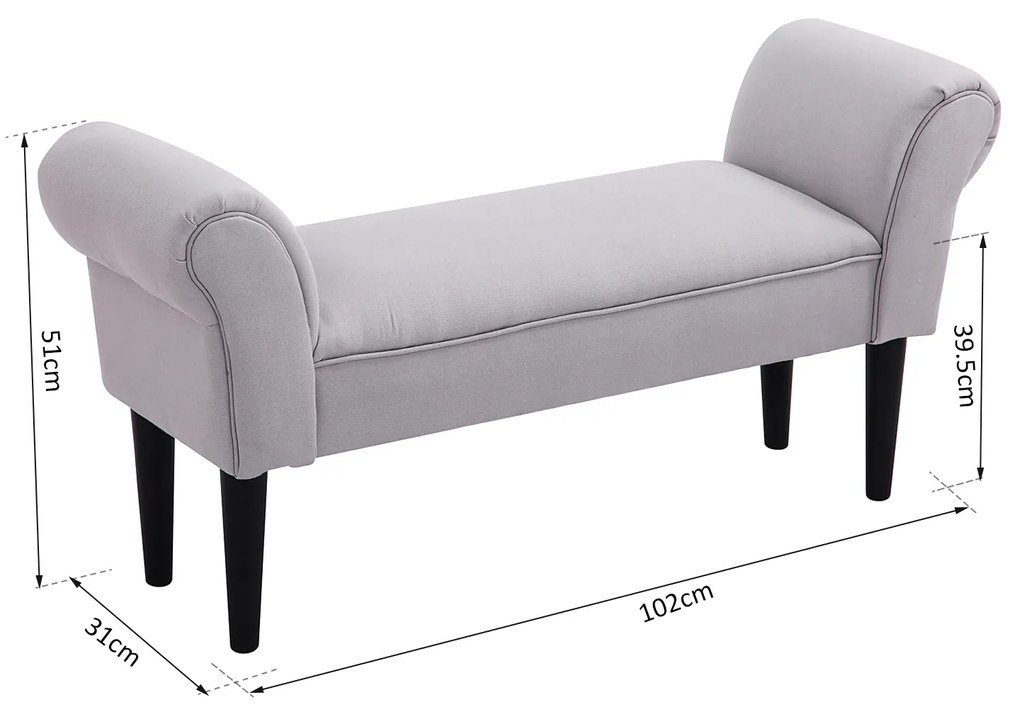 Banquinho Pé de Cama Cinza com Braços Forrada tipo Banco de Madeira para Quarto Sala Entrada Carga 130kg- 102x31x51cm