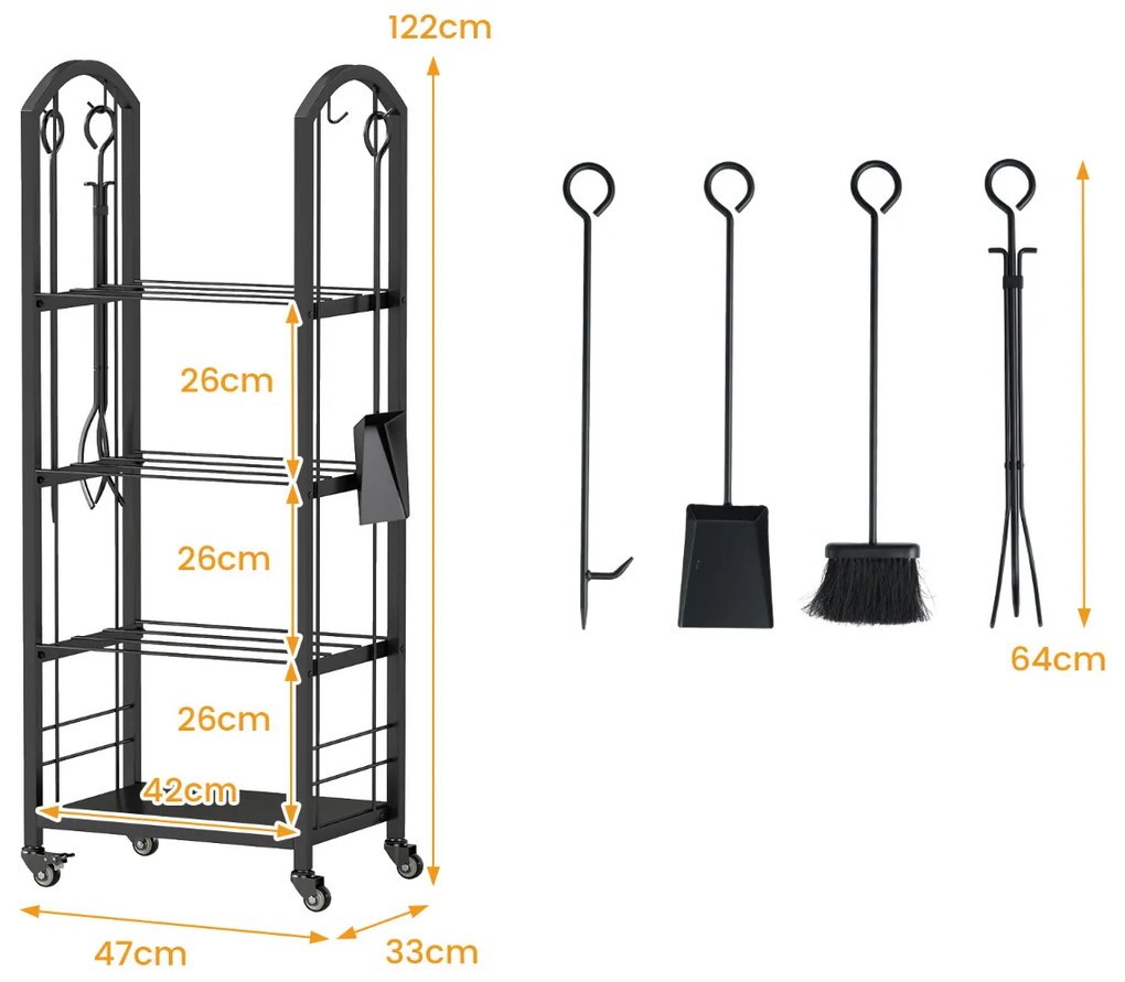 Estante para lenha 47 x 33 x 122 cm de 4 níveis com rodas e conjunto de 5 ferramentas. Inclui tenaz, atiçador, vassoura e pá para interior e exterior.