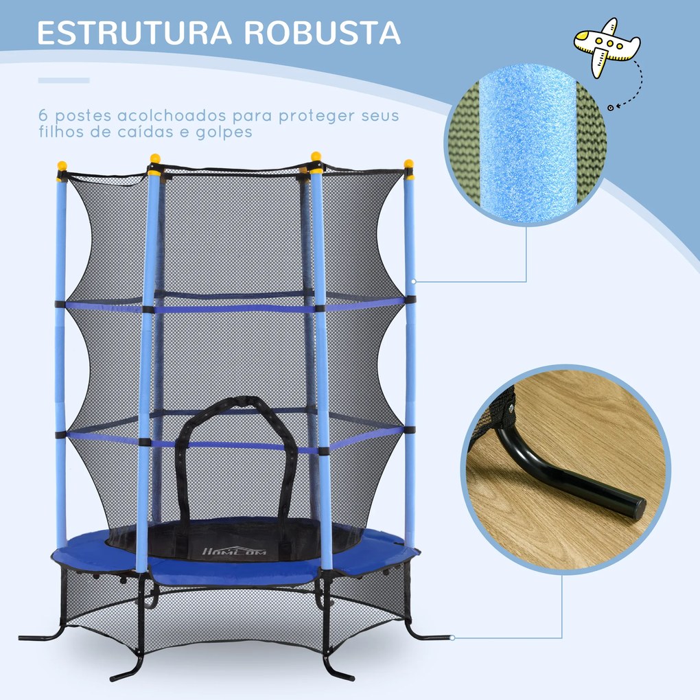 Trampolim para Crianças com Rede de Segurança e Estrutura de Aço para Interiores e Exteriores Carga 50 kg Ø163x190 cm Azul