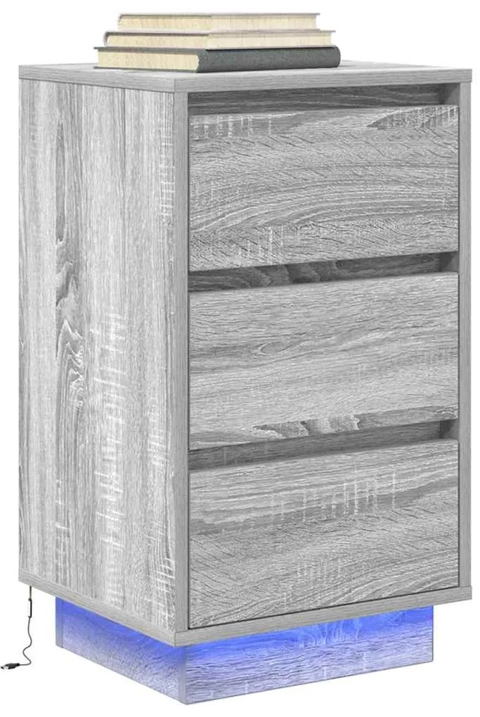 Mesa de cabeceira com luzes LED 38x34x65 cm cinzento-sonoma
