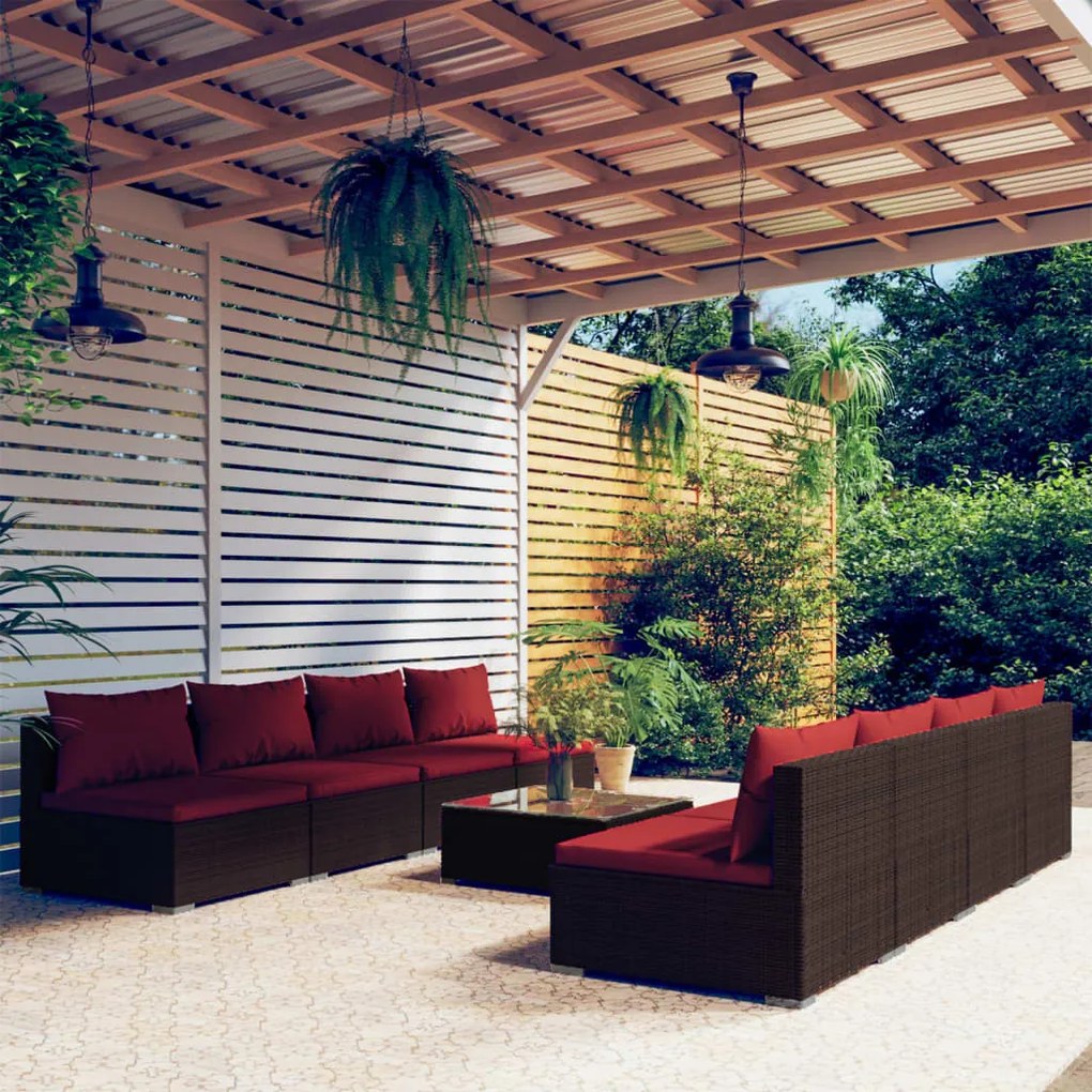 vidaXL 9 pcs conjunto lounge jardim c/ almofadões vime PE castanho