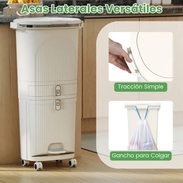 Caixote do lixo de 42 L com 2 caixotes removíveis, gaveta com pedal e rodas para sala, cozinha e casa de banho, bege