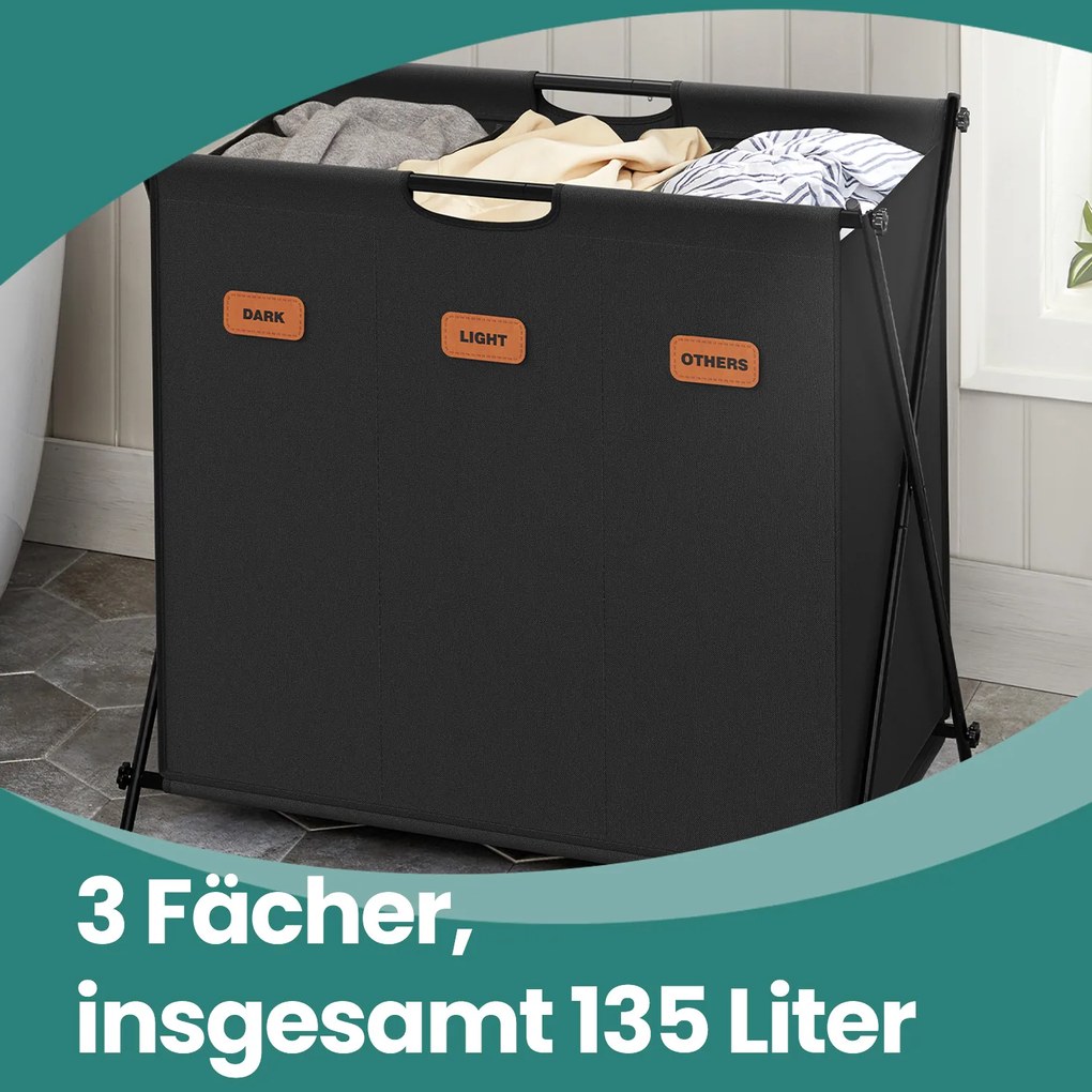 Cesto de roupa suja 135 litros e com 3 compartimentos 70 x 40 x 66 cm preto