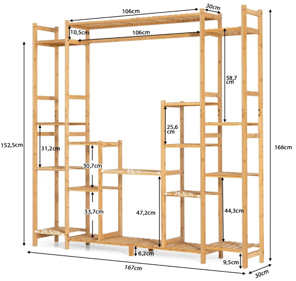 Estante de bambu para plantas 2 em 1 prateleira suspensa com 9 níveis de altura ajustável para jardim de varanda 167 x 30 x 166 cm Natural