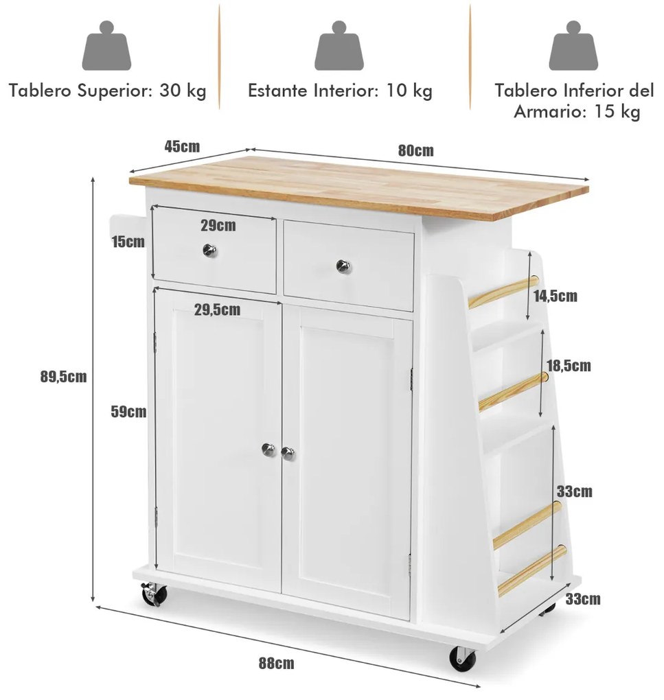 Carrinho de cozinha de arrumação com Bancada de madeira Borracha 2 gavetas Prateleira para especiarias 88 cm x 45 cm x 89,5 cm Branco