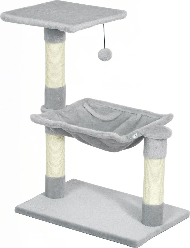 PawHut Árvore Arranhador para Gatos 50x36x70 cm Centro de Atividades com Rede, Plataforma e Postes em Sisal Cinzento-Claro | Aosom Portugal
