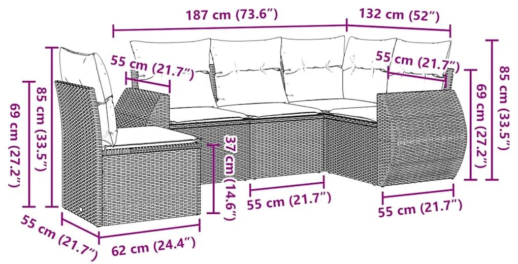 5 pcs conjunto sofás de jardim com almofadões vime PE preto