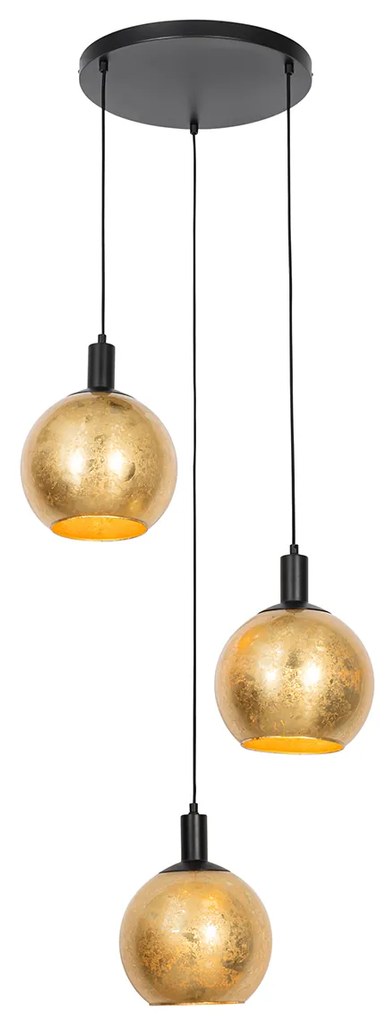 Candeeiro de suspensão design preto com vidro dourado 3 luzes - Bert