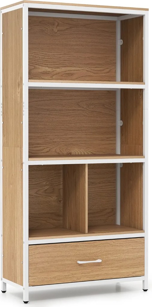 Estante de 4 níveis 68 x 30,5 x 151,5 cm com 4 compartimentos abertos e gaveta dobrável em tecido; Estrutura metálica para quarto ou escritório, em to