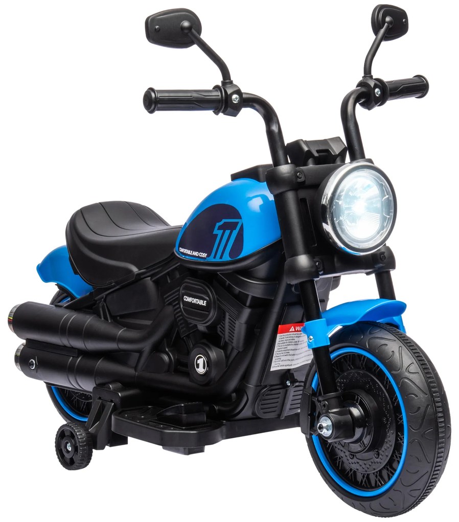 HOMCOM Motocicleta Elétrica para Crianças de 18-36 Meses com Bateria 6V Farol e Rodas Auxiliares Removíveis 76x42x57 cm Azul | Aosom Portugal