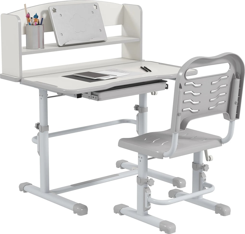 ZONEKIZ Secretária Cadeira Crianças Ajustáveis Ergonomia Conforto Estudo Design Moderno 80x55x82-104cm Cinza Branco Alta Qualidade | Aosom Portugal