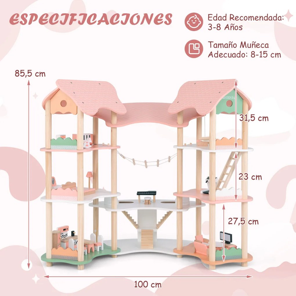 Casa de Bonecas de Madeira para Crianças 3-8 Anos 7 Quartos 3 Níveis 32 Peças de Mobiliário Realista Acessórios Teto Rosa