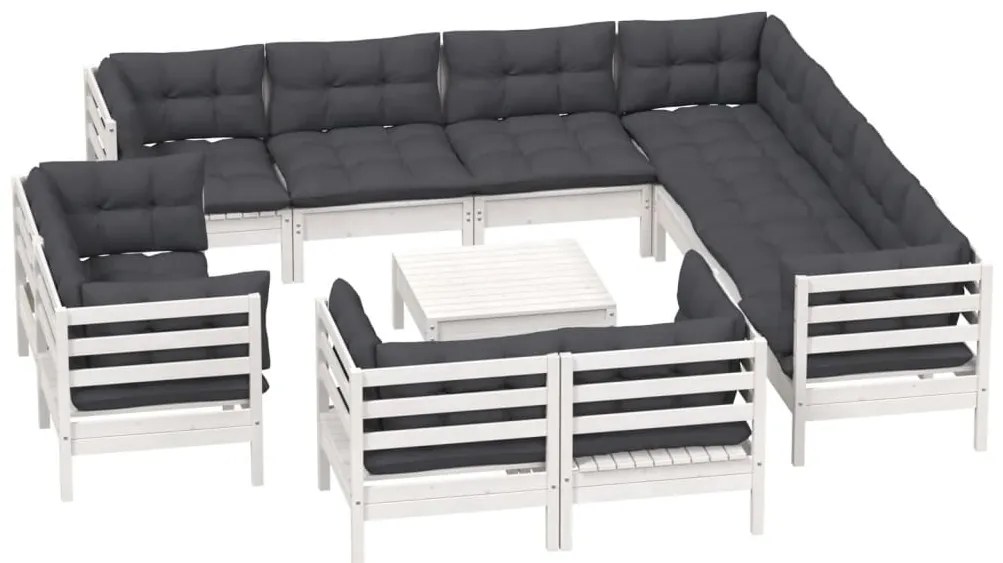 12 pcs conj. lounge de jardim c/ almofadões pinho maciço branco