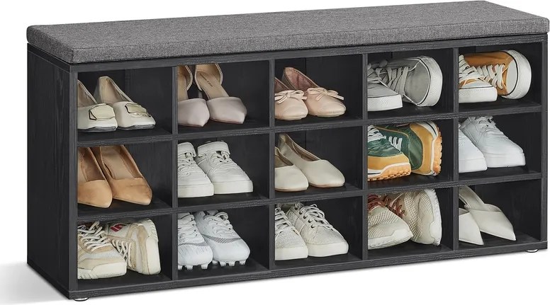 Banco sapateira para sapatos 30 x 105 x 48 cm com almofada e 15 compartimentos em preto-cinza ardósia