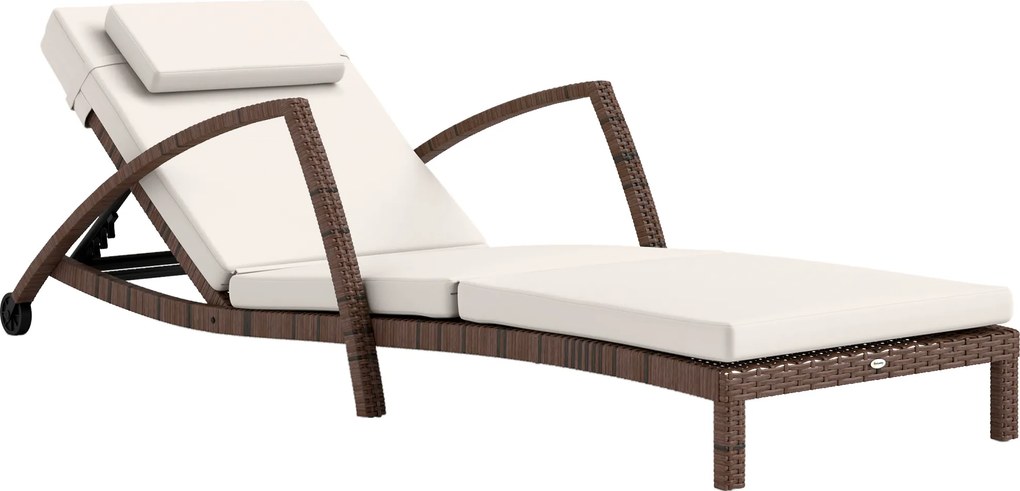 Outsunny Espreguiçadeira em resina trançada com encosto ajustável, rodízios, almofada e apoios de braço, castanho e bege | Aosom Portugal