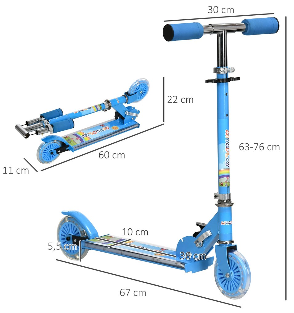 Trotinete para Crianças Dobrável com Luzes e Música 4 Alturas Ajustável Rodas Brilhantes e Pedal LED 67x60x63-76 cm Azul