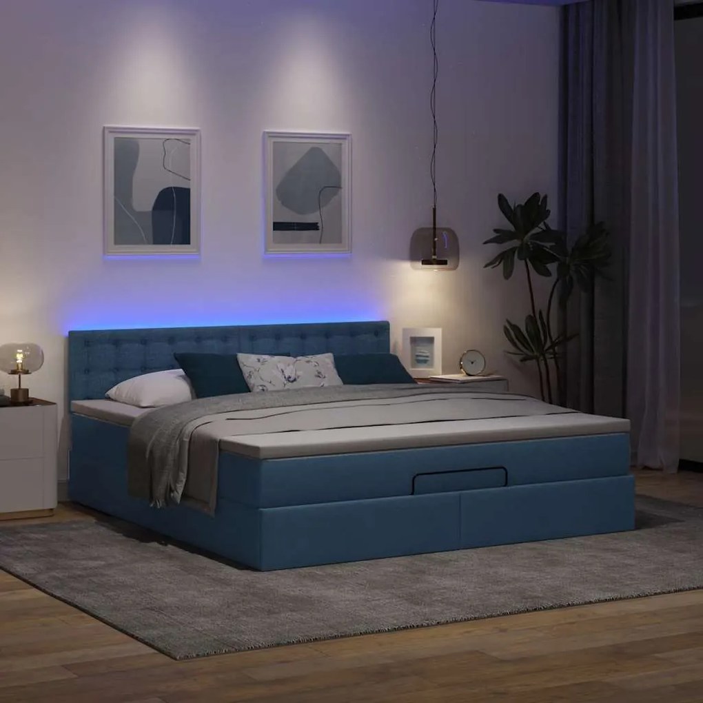 Cama Otomana com colchão &amp; LEDs 180x200cm tecido azul