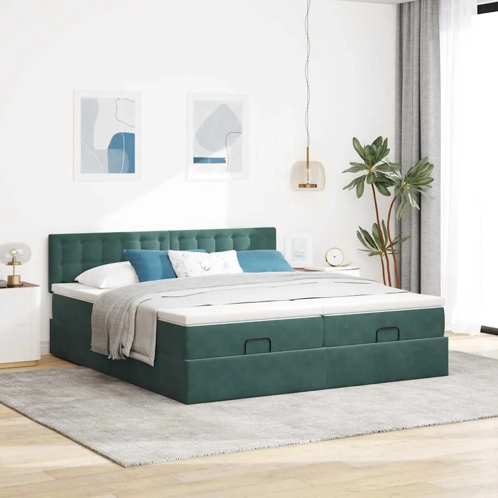 Estrutura de cama otomana com colchão verde escuro veludo