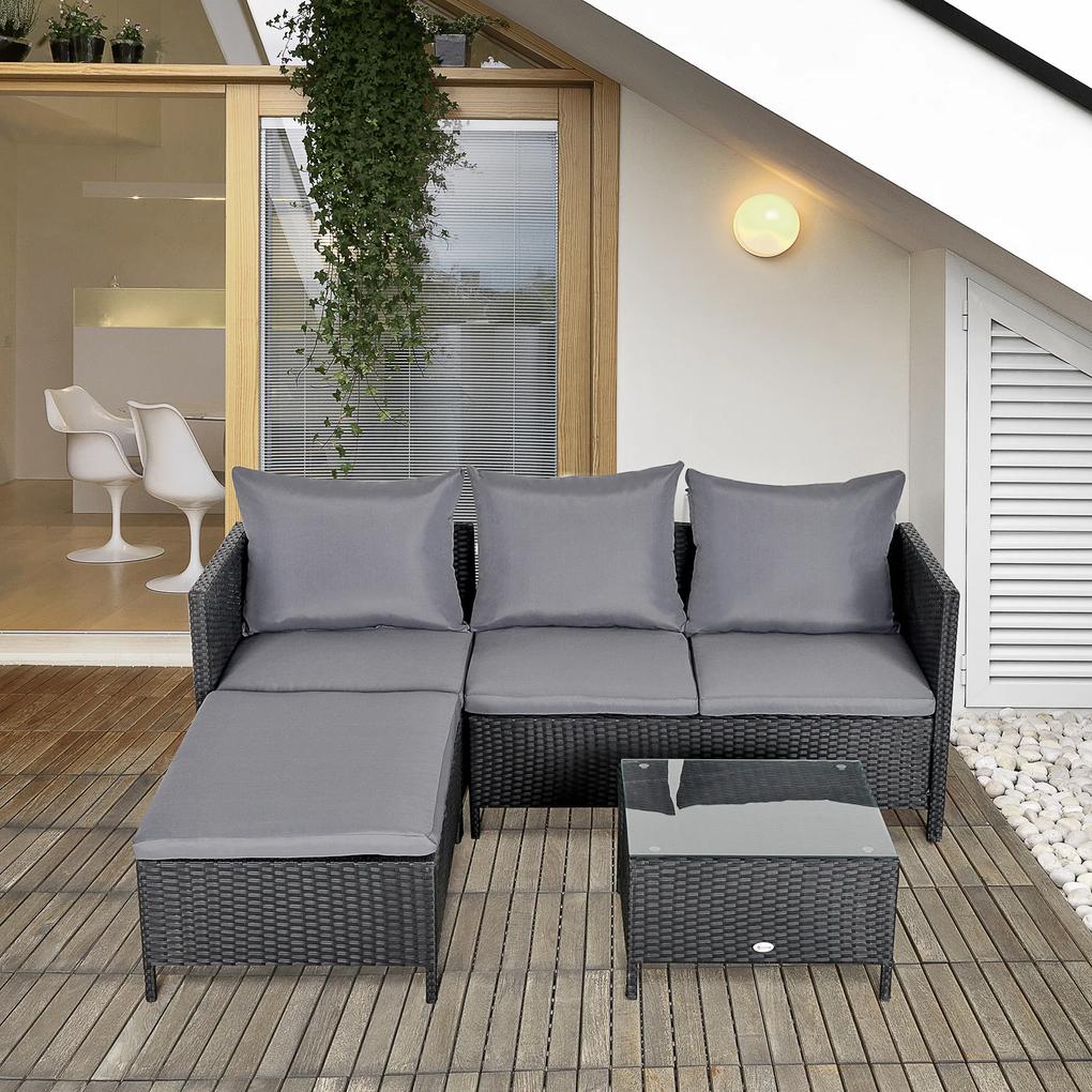 Outsunny Conjunto de móveis de jardim 4 peças sofá duplo de vime mesa de centro banquinho com almofadas acolchoadas para ar livre estrutura de metal preto