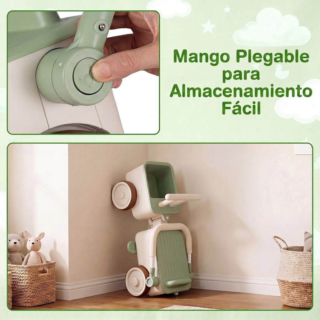 Andador Infantil 3 em 1, 67,5 x 28 x 35 cm, Pega Dobrável, Verde