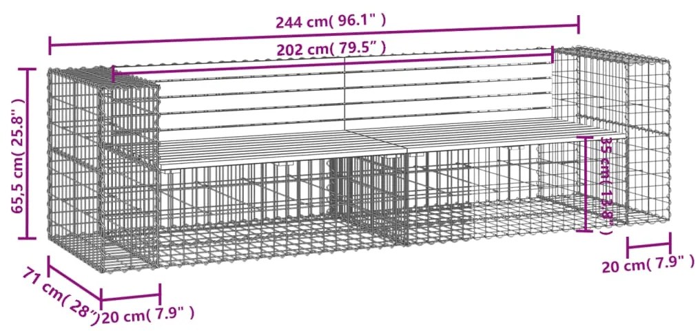 Banco jardim design gabião 244x71x65,5cm madeira douglas maciça