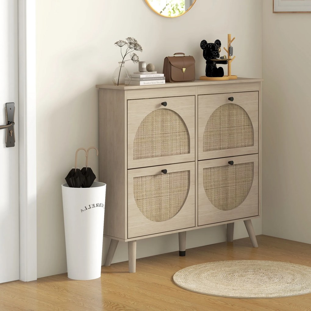 Sapateira com 4 portas basculantes, capacidade para 20 pares, prateleira ajustável, estilo boémio, pés em madeira maciça, 105 x 24 x 97,5 cm, acabamen