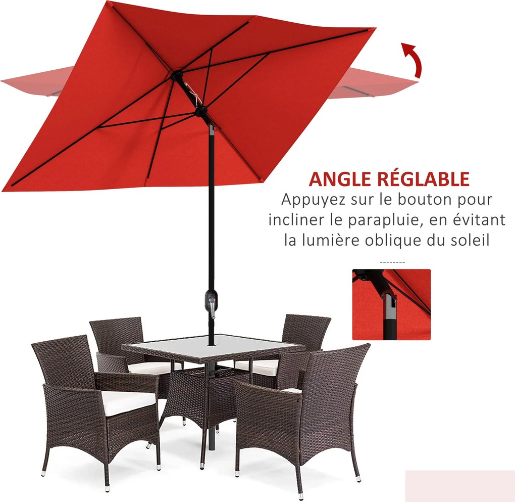 Guarda-sol retangular inclinável de 2 x 3 m com manivela, lona de poliéster impermeável de alta densidade (180 g/m²), vermelho
