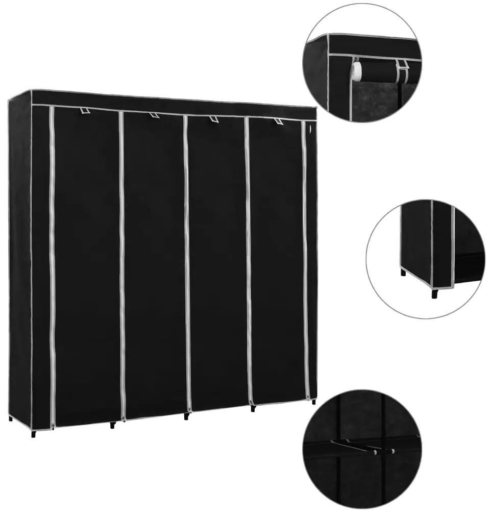 Roupeiro com 4 compartimentos 175x45x170 cm preto