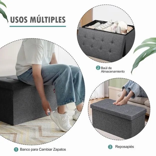 Banco dobrável com espaço para arrumação 80 cm x 40,5 cm x 40,5 cm com assento acolchoado cinza escuro