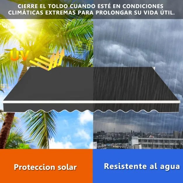 Toldo retrátil 3 x 2,5 m em alumínio com manivela e poliéster impermeável para exterior Cinzento