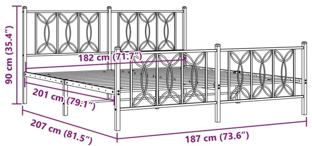 Estrutura de cama com cabeceira e pés 180x200 cm metal preto