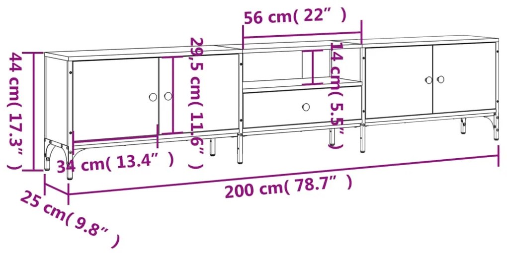 Móvel TV c/ gaveta 200x25x44 cm derivados madeira cinza sonoma