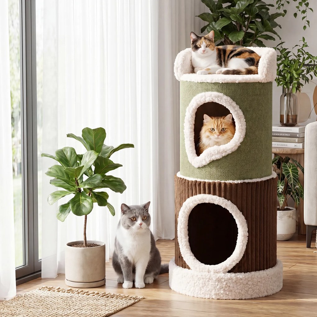 Casa para gatos de 3 andares com interior 41 x 85 cm, com plataforma superior almofadada, 2 cavernas, almofada lavável, móvel em forma de barril, árvo