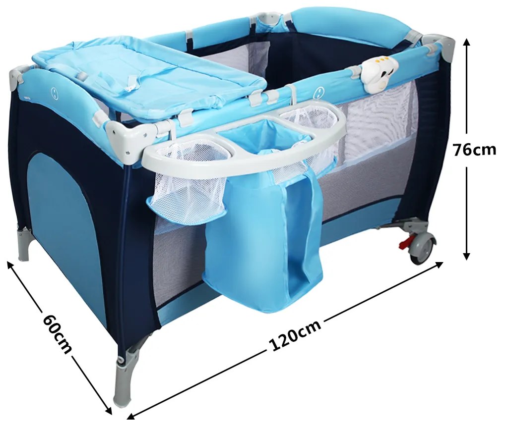 Berço 4 em 1 Dobrável para Crianças com Mudança de Mesa toldo de Rodas Lateral da Porta de Pendurar Brinquedos e Centro de Actividades Portáteis Azul