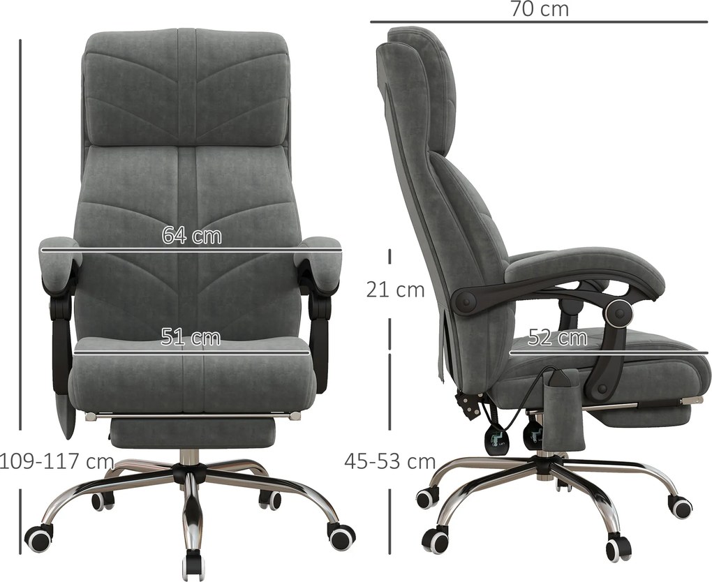 Cadeira de escritório com função de massagem, aquecimento e reclinação, com apoio para os pés integrado e 5 rodas, cinzenta