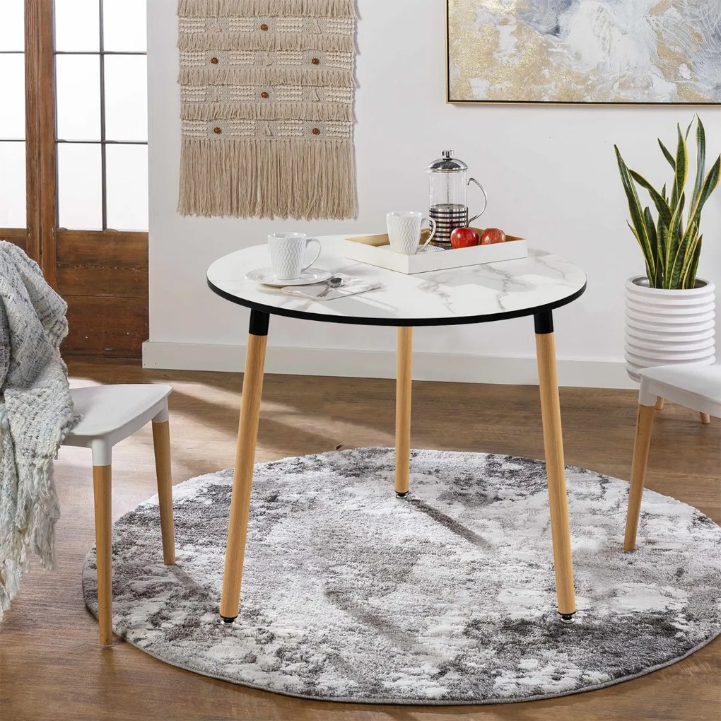 Mesa Lateral Redonda Moderna de 80 x 71 cm com Tampo em Imitação Mármore Branco