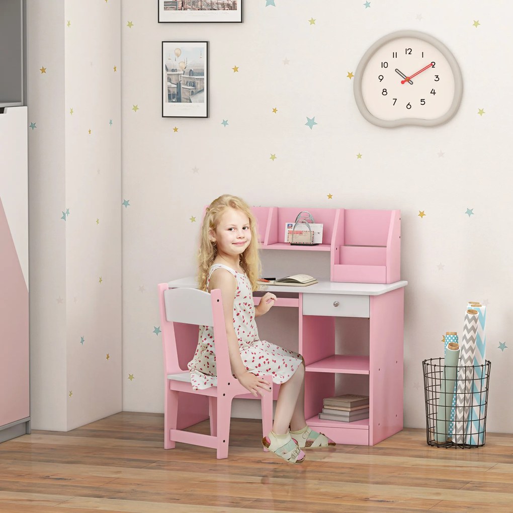 Secretária infantil com cadeira ergonómica, tabuleiro deslizante para teclado, gavetas, compartimentos abertos e prateleiras abertas, 90 x 45 x 90 cm,