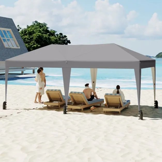 Tenda dobrável 590 x 305 x 266 cm exterior com estacas, cordas de fixação, sacos de areia e rodas para 6-8 pessoas festas, eventos, feiras Cinzenta