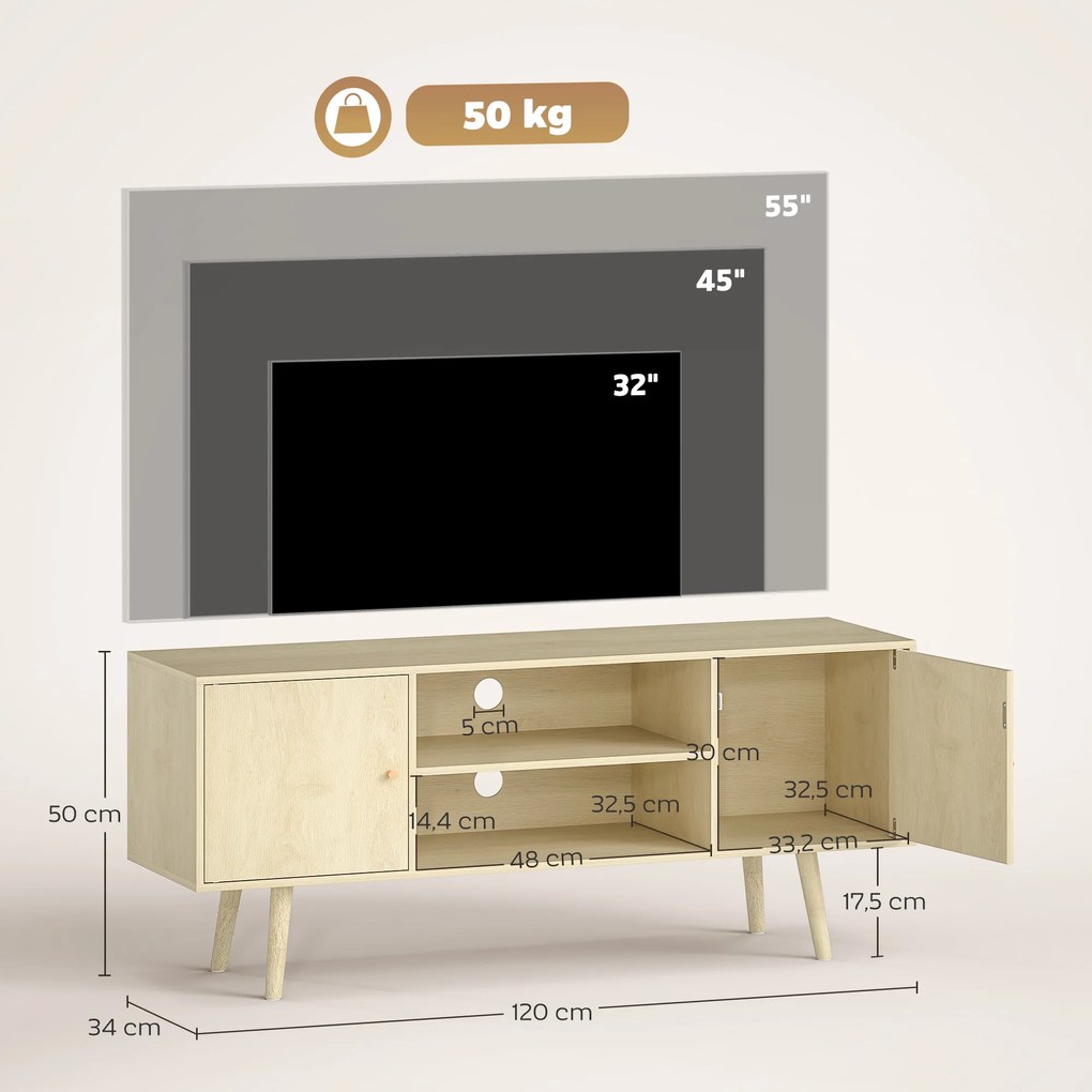 Móvel de TV para televisores 120 x 34 x 50 cm até 55 polegadas, com 2 armários e 2 prateleiras abertas, com efeito de madeira natural