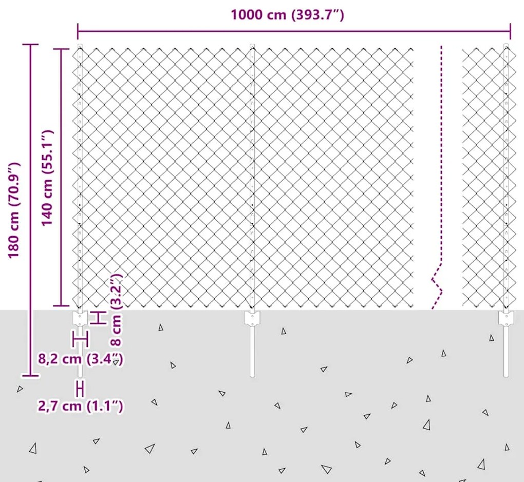 Cerca de Cadeia de Ligação com 20 U Posts Prateada 1.4x10 m Aço