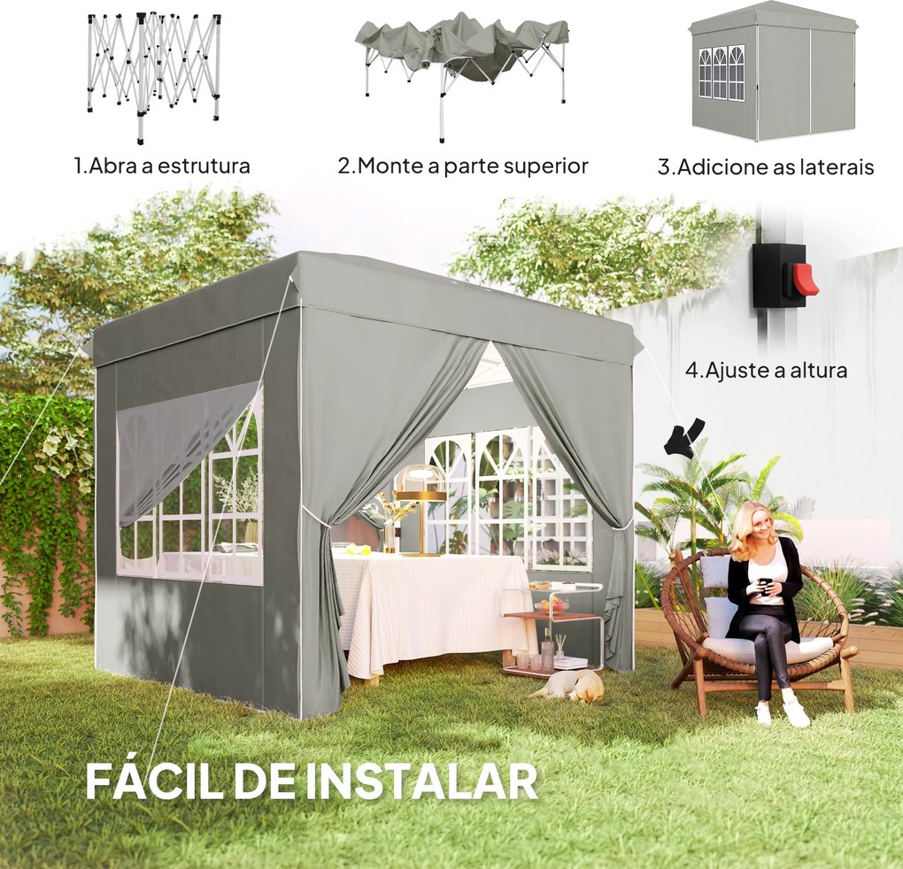 Tenda Dobrável Pop-Up 248x248x270 cm com 4 Paredes Laterais Anti-UV Altura Ajustável e Bolsa de Transporte Cinza Claro