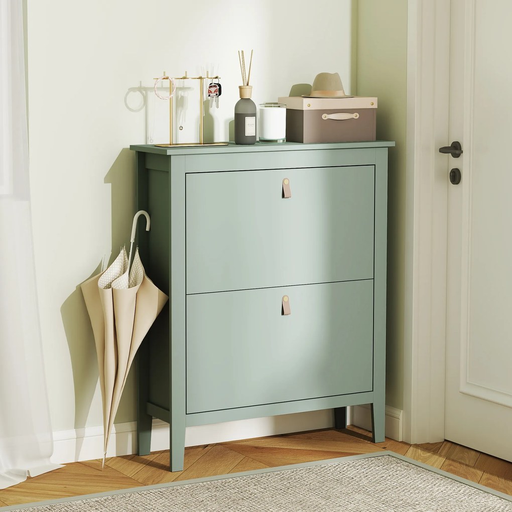 Sapateira com capacidade para 14 pares 80 x 24 x 95,5 cm, com 2 gavetas rebatíveis, prateleiras removíveis e ajustáveis, verde