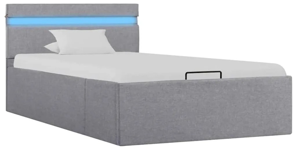 Cama hidráulica arrumação c/ LED 90x200cm tecido cinzento-claro